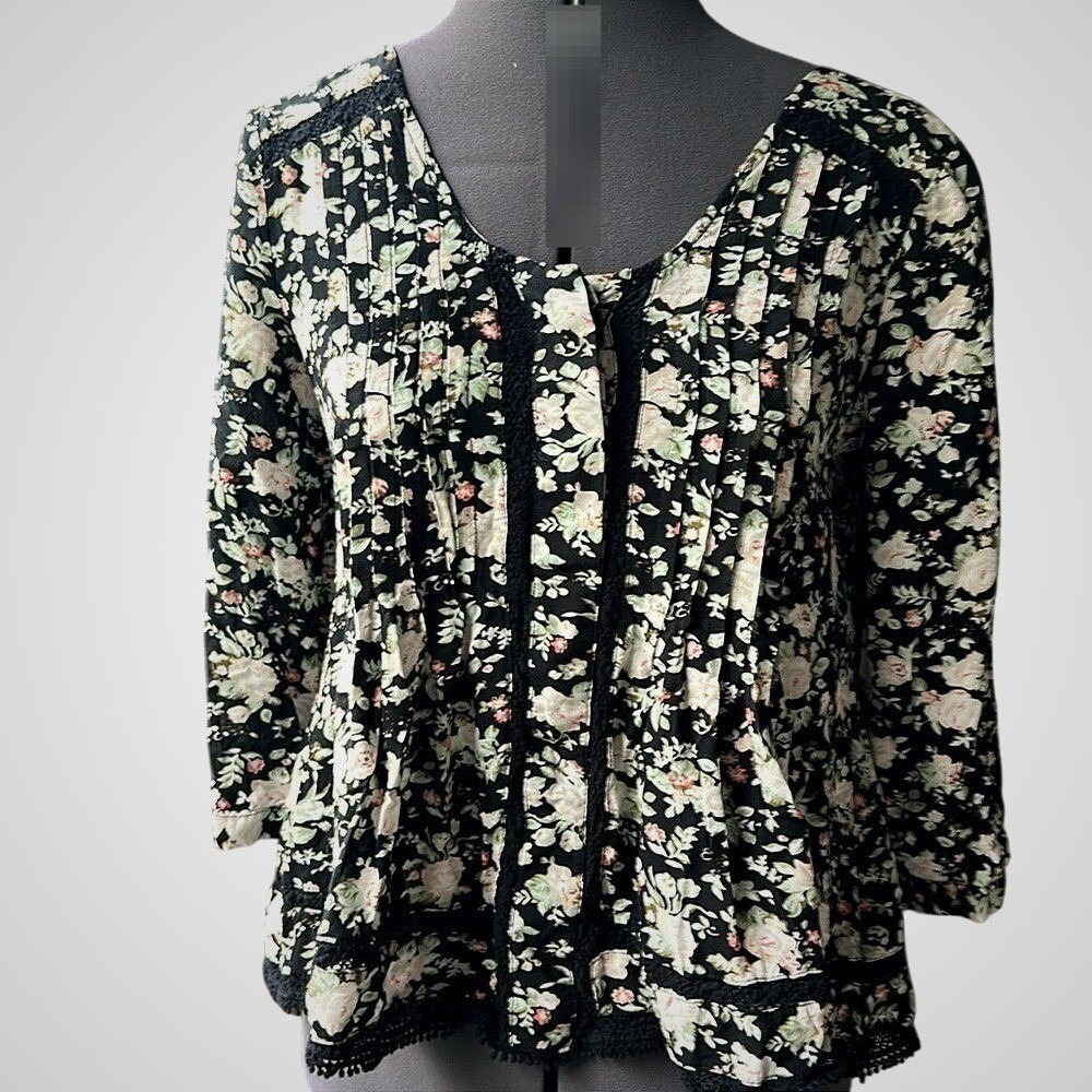 Maeve Floral Pintuck Lace Trim Blouse Size 4 Black Pink White Romantic‎ Garden